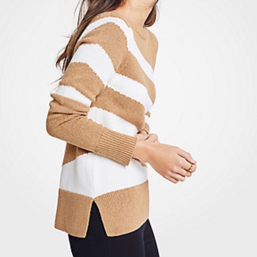 COPY - Ann Taylor diagonal stripe sweater in desert camel heather and white. Me…